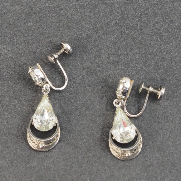 Vintage Earrings Teardrop Rhinestone Sterling Silver Dangle Screw Back Elegant - Picture 5 of 8